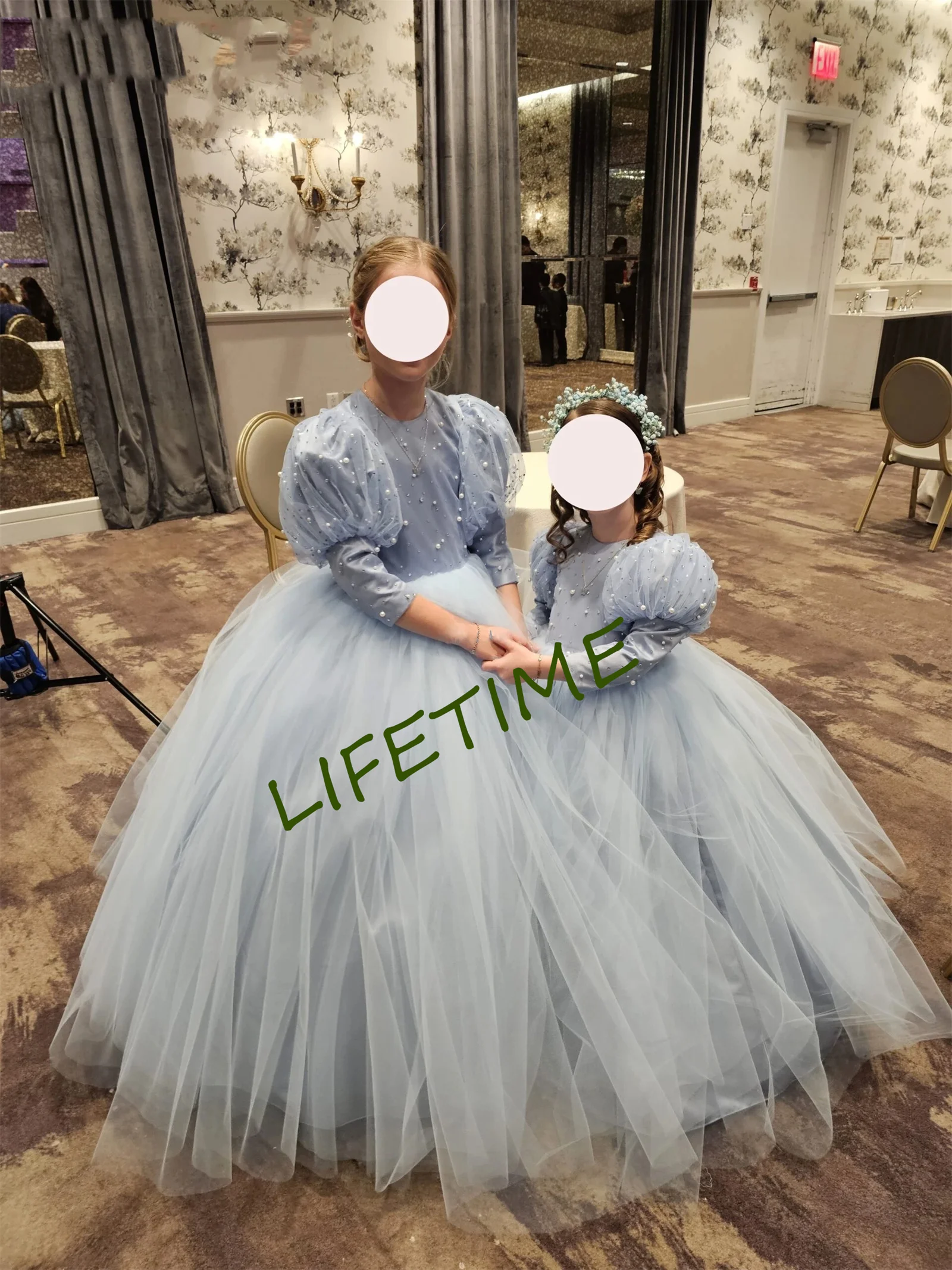 3/4 Sleeve Blue Tulle Flower Girl Dress For Wedding Puffy Balloon Sleeve Pricness Pageant Birthday High Neck Girl Dresses