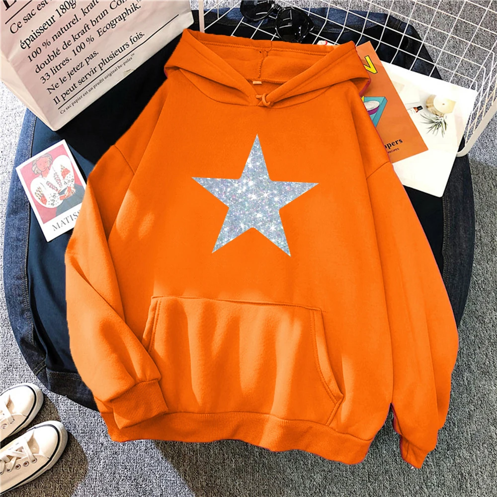 

Diamond Patterned Stars Prints Women Hoody Autumn Fleece Hoodies Simplicity Loose Streetwear Unisex All-Match Fashion Tops