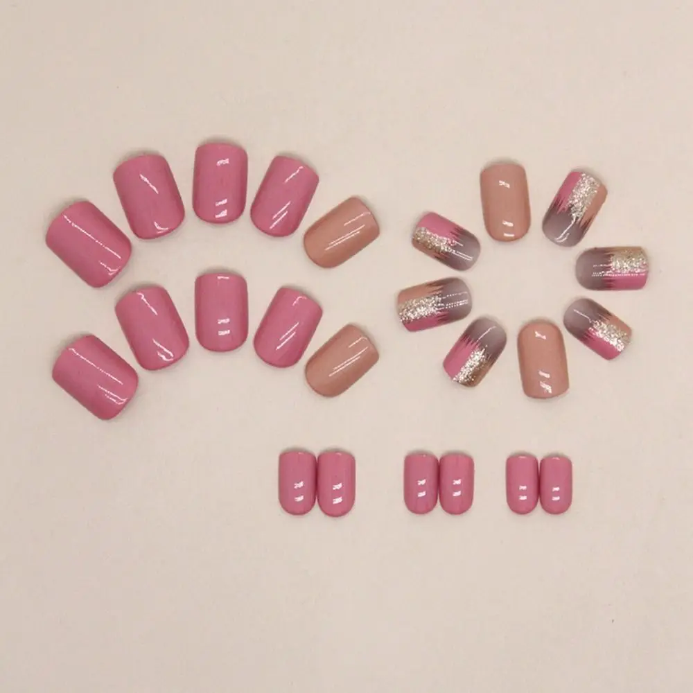 Faux ongles ronds courts à la mode, français, rose, argent, rayures de tigre, tranches d'aurore, fleurs, feuilles, pointes pour bricolage