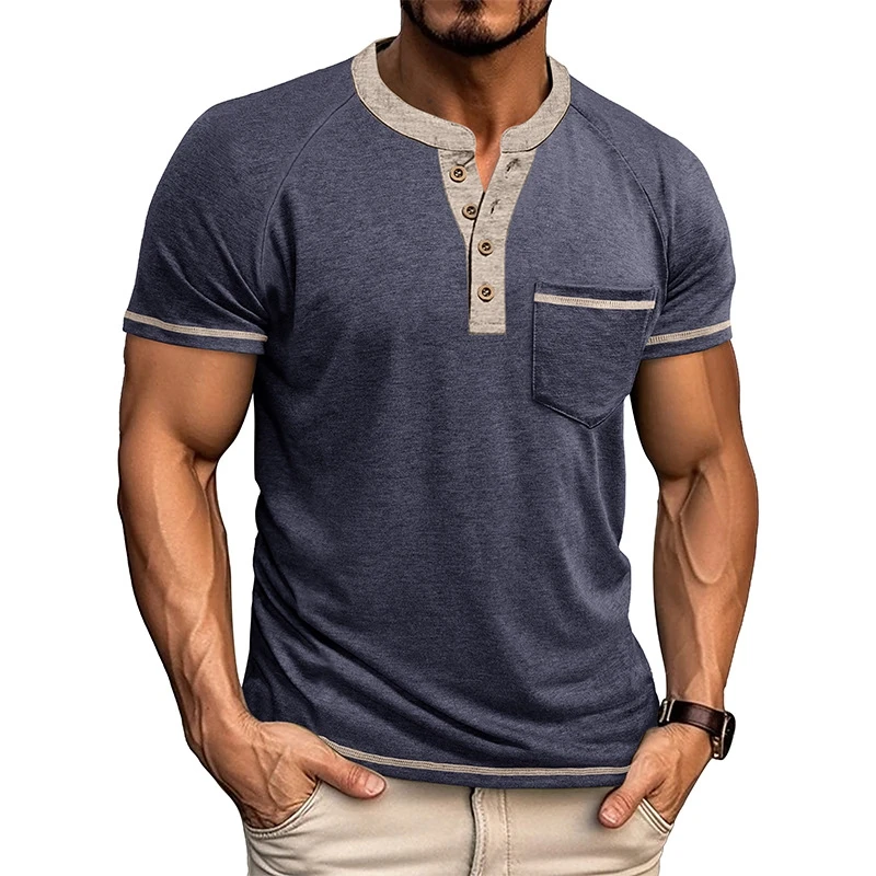 

Stylish Men's Short-Sleeved Button Contrast Color blocked T-shirt Comfortable Relaxed Fit Casual And Commute Wear Easy To Match