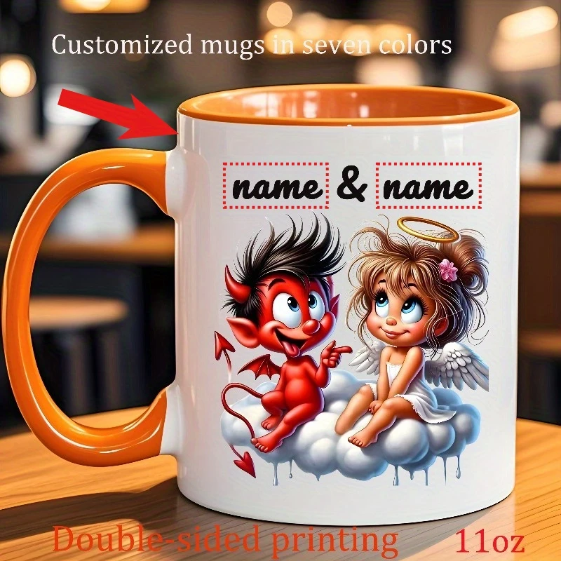 2D flat printing 1pc 11oz personalized custom angel devil mug, for Valentine's Day birthday, home daily use, hand wash only