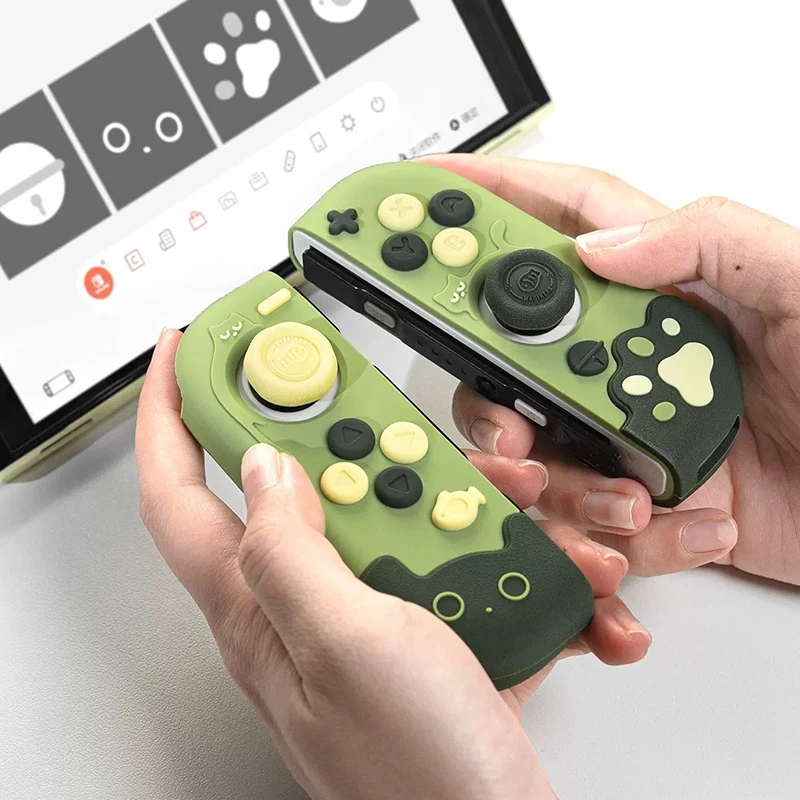 Ochronna obudowa Meow Cat kompatybilna z Switch 2, urocze etui w kolorze herbacianego zielonego z silikonowymi nakładkami na kontrolery i nakładkami na gałki analogowe do Switch Oled. — zdjęcie produktu 5