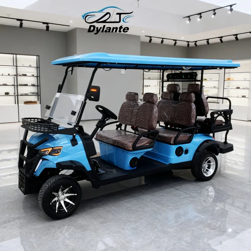 Carros de golf eléctricos 4 pasajeros Proveedor confiable de China Plegable el parabrisas Espejo lateral del neumático todoterreno con luz giratoria