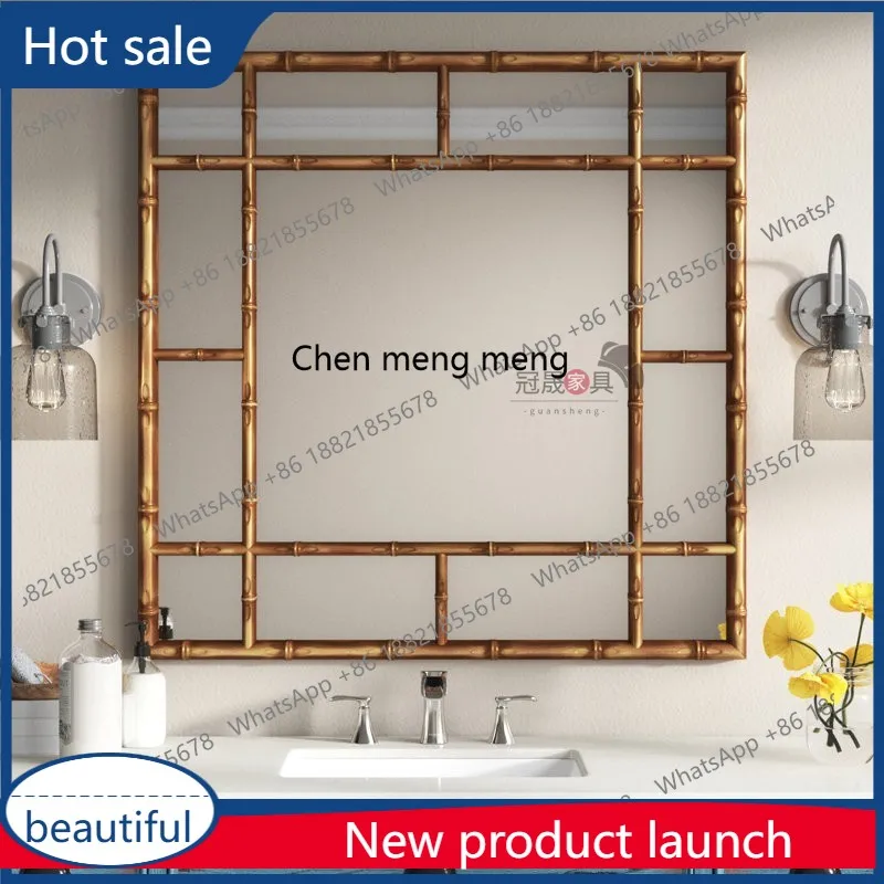A50 European retro makeup mirror wall-mounted bathroom bamboo bathroom mirror living room entrance French square