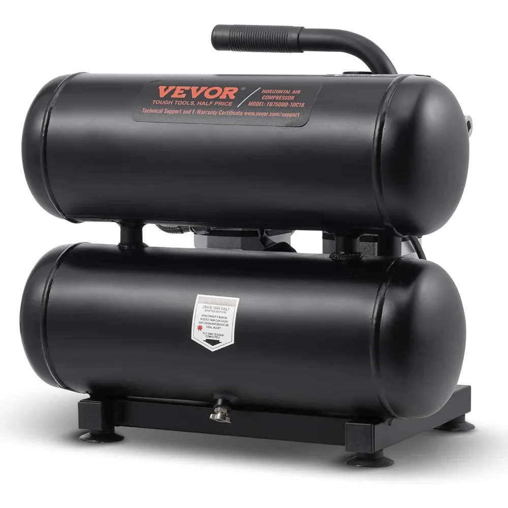 Compressor de ar sem óleo de 1 HP 2,2 CFM com tanque de aço de 4,6 galões, ultra silencioso 80dB, pressão máxima de 120 PSI