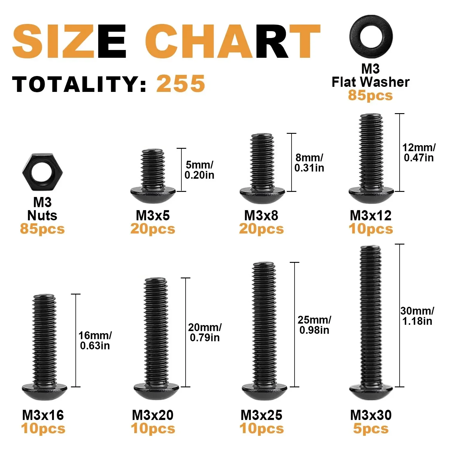 255 Pieces Of M3 Hex Head Screws, M3x5/8/12/16/20/25/30mm Black Button Head Hex Socket Screw Washer Nut Assortment Kit