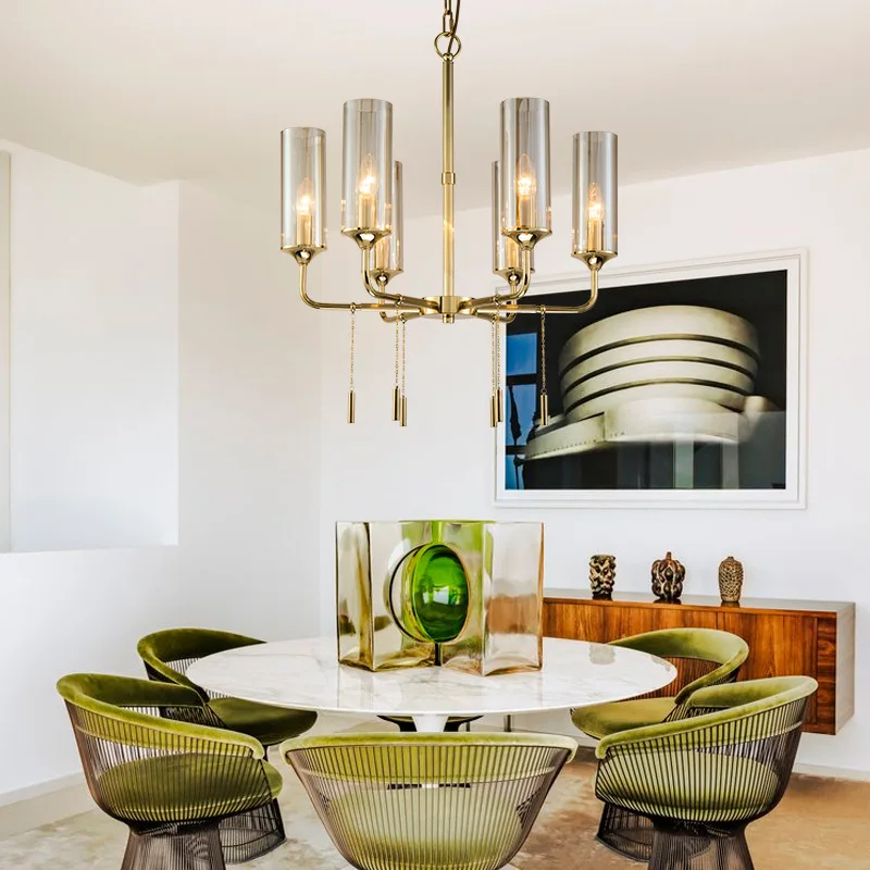 Postmodern personality simple all-copper gold living room chandelier, Nordic light luxury gray glass dining room bedroom light