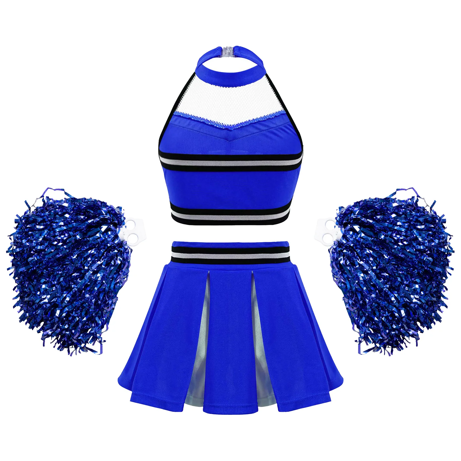 Kids Girls Cheerleading Uniform Dance Set 3Pcs Sleeveless Halter Neck Letters Printed Crop Top+Pleated Skirt+Flower Balls Outfit