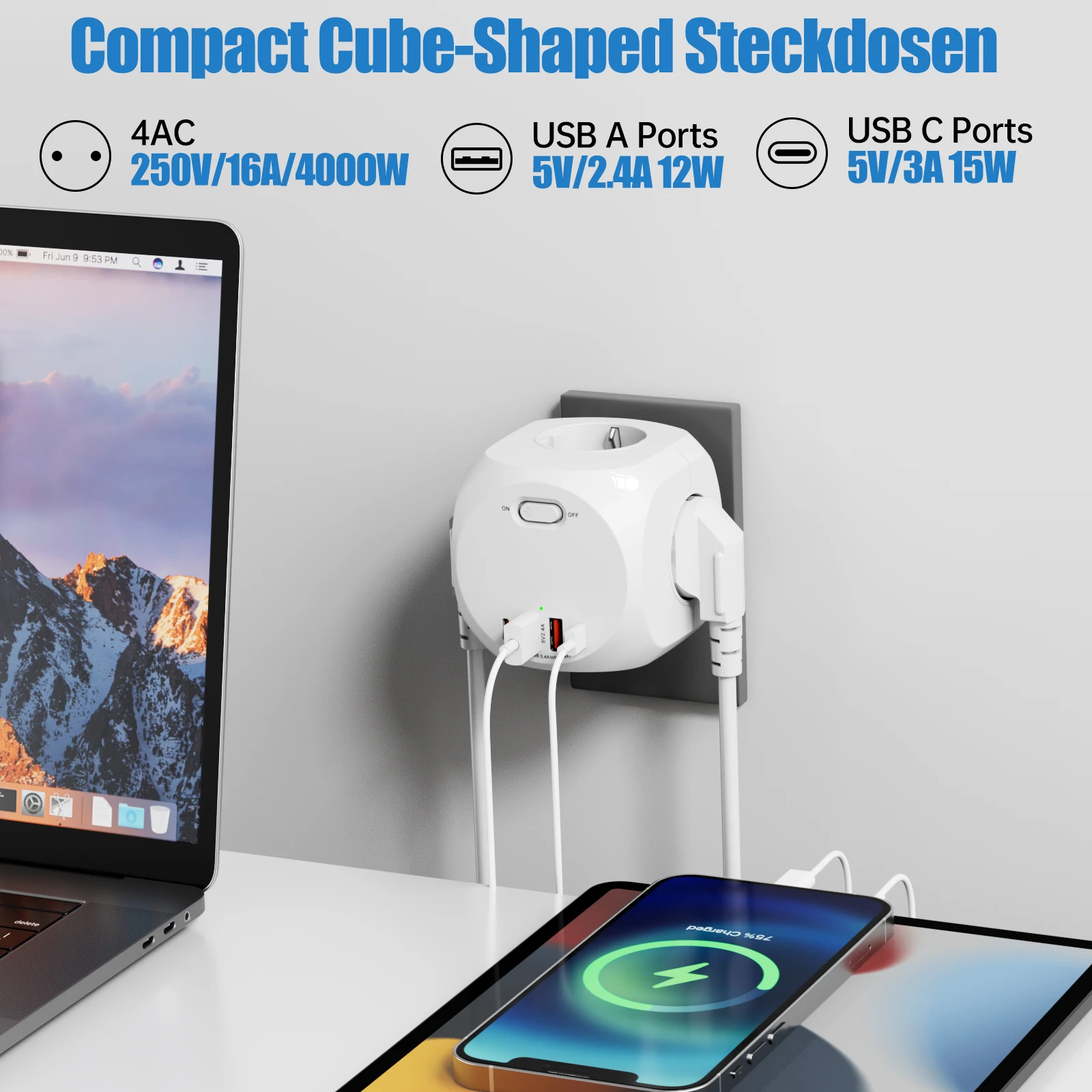 【 8-in-1 Fast Charging 】4000W High-Power Power Cube Portable Multi-Functional Socket, 4AC+2USB-C+2USB-A Smart Charging Station