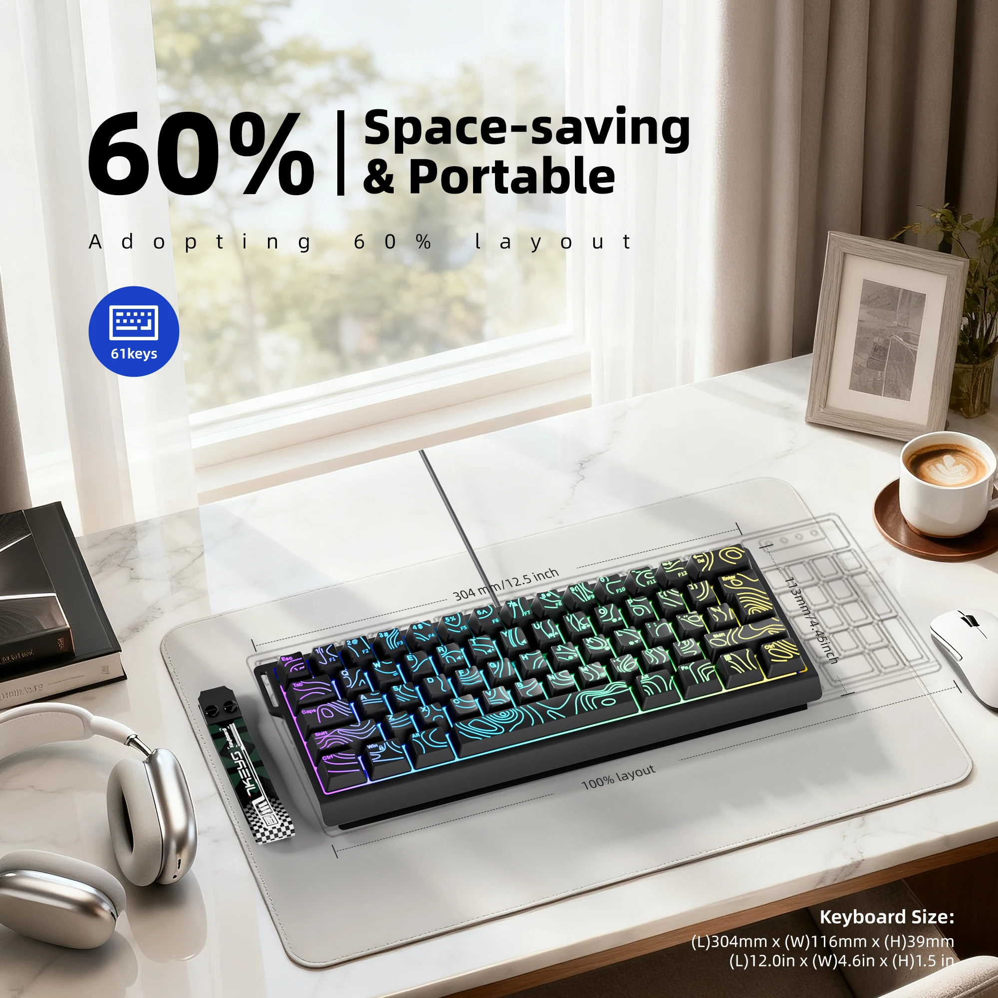 60% wired game keyboard, RGB backlight, waterproof mini compact 61 keys, suitable for PC/Mac gamers