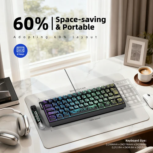 Imagen 2 del producto Teclado para juegos con cable al 60%, retroiluminación RGB, mini compacto impermeable de 61 teclas, adecuado para jugadores de PC/Mac