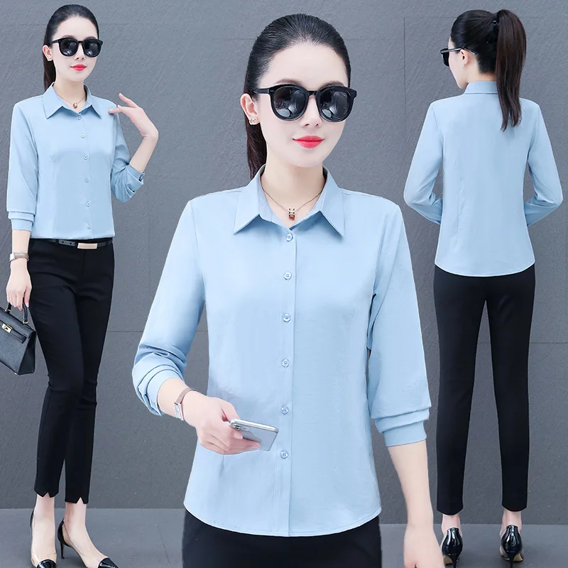 New Women'S Fashion Spring Autumn Professional Dress Collar Pure Color Long Sleeve Top Business Workplace Interview Work Shirt