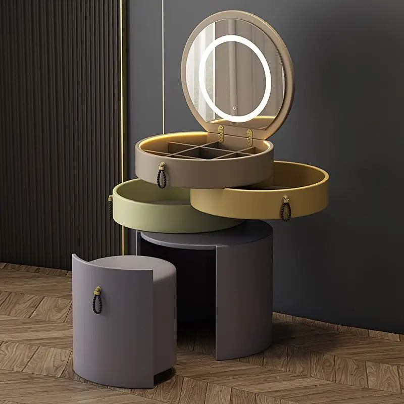 Rotary Makeup Vanities Luxury Storage Dressing Table Bedroom Organizer Makeup Vanity Illuminated Drawer Dresser with Light