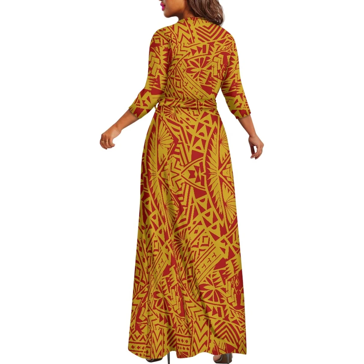 Polynesian Tribal Clothing Fijian Samoa Tapa Women\'s 3/4 Sleeve Floral Print Plus Size Casual Party Maxi Dress With Pocket Belt