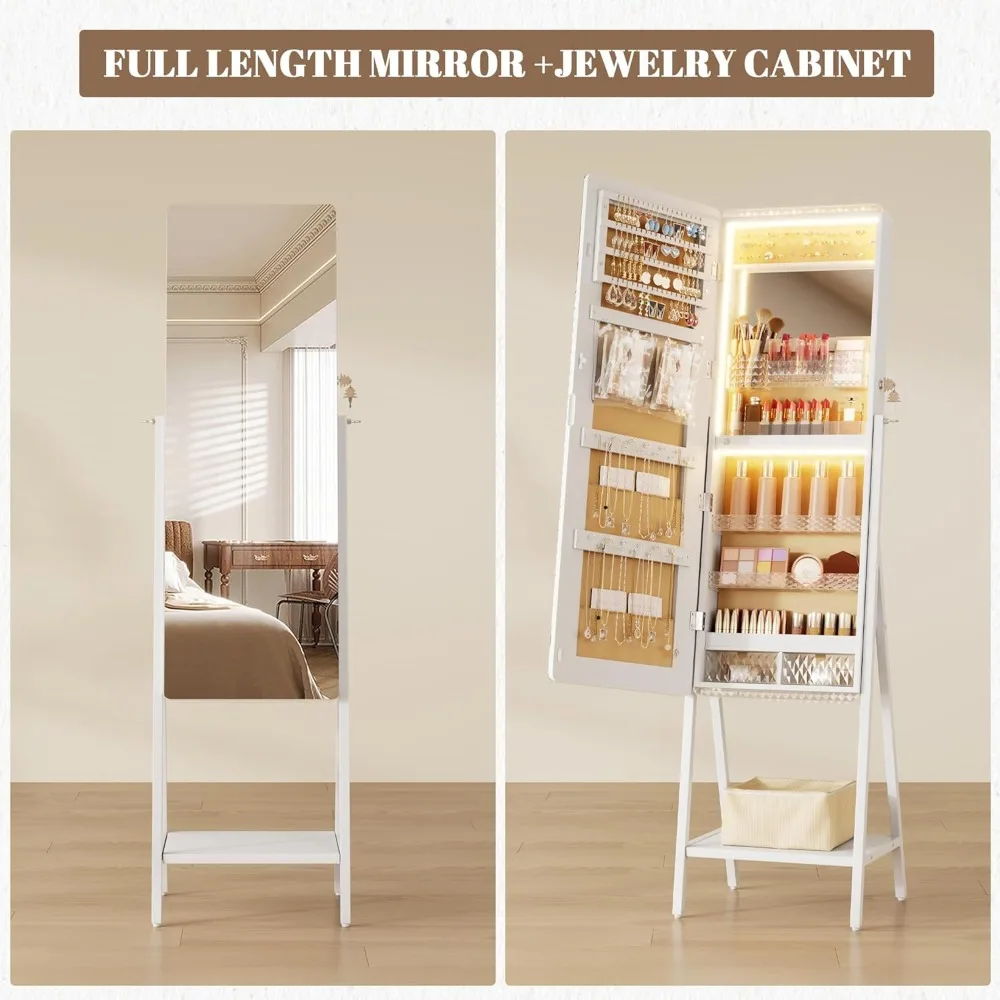 Upright LED Jewelry Mirror Cabinet with Full-Length Reflection and Lockable Storage