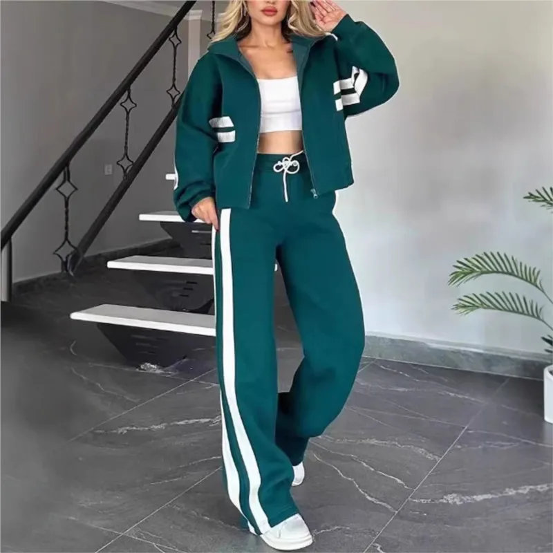 Y2K Two Piece Set Women Fashion Striped Print Lapel Zipper Coat High Waist Pants Outfit Autumn Winter Long Sleeve Suit Tracksuit