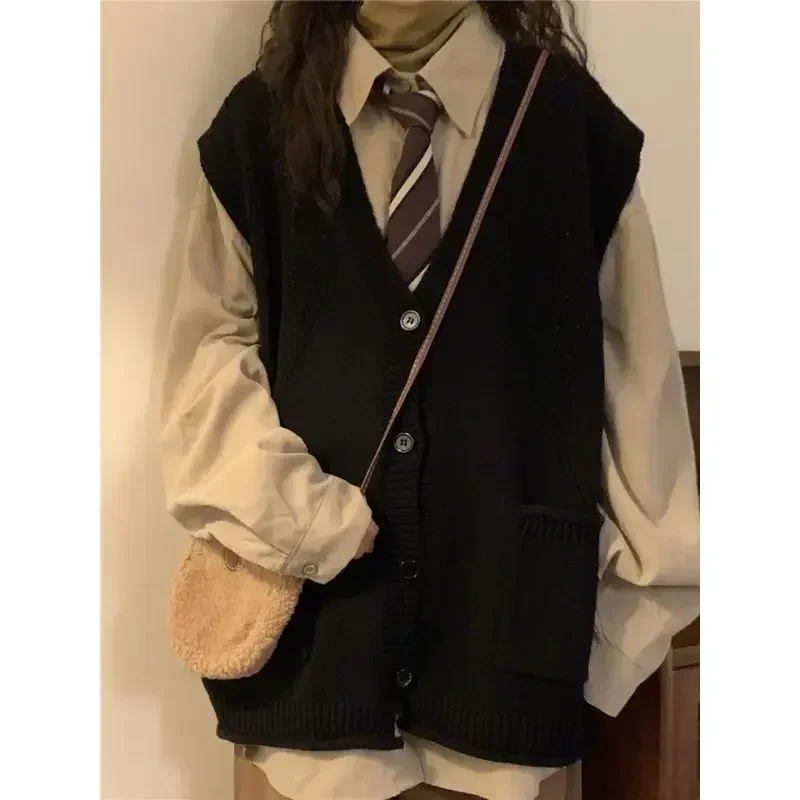 

Sweater Vest Women College Japanese Vintage Loose Black Simple Knitting Students Trendy Autumn Elegant All-match Leisure Clothes