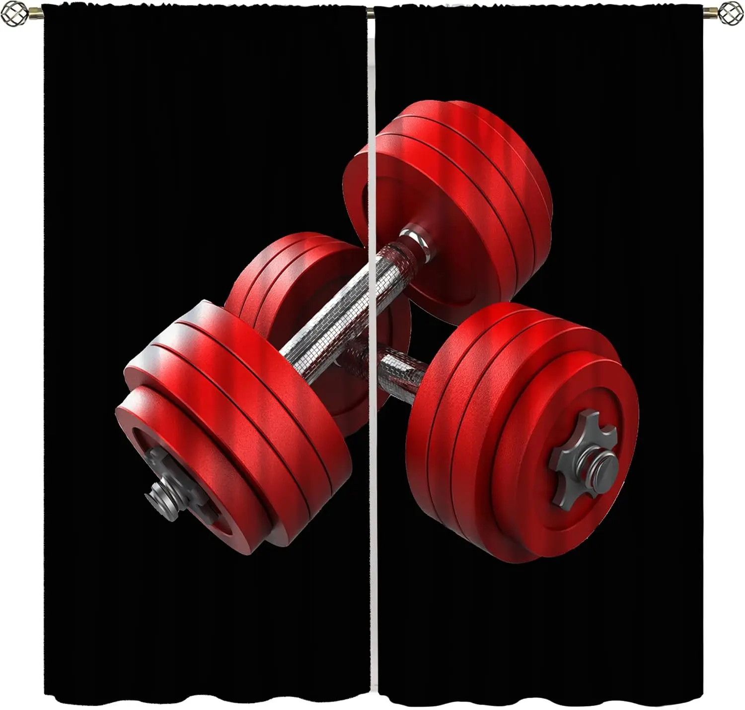 Fitness Power Curtains, 3D Red Dumbbells Gym Equipment Workout Window Drapes for Men Room Bedroom and Gymnasium Decor