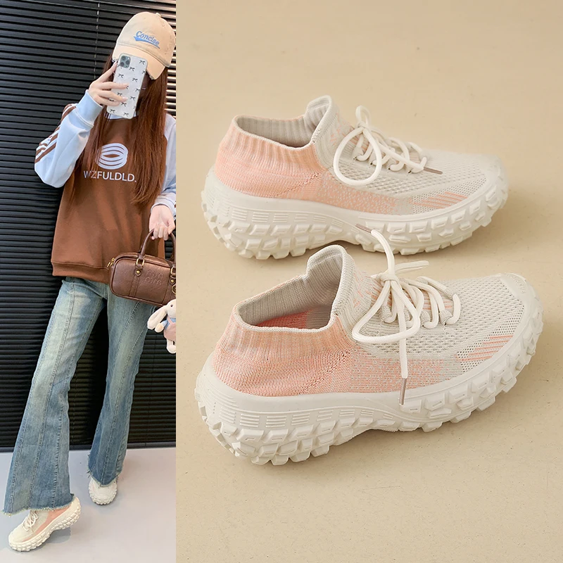 

2025 New Women's Round Toe Lace Up Knit Chunky Platform Sneakers 7.5CM Heel Slip Resistant Wear Resistant Outsole Casual Shoes