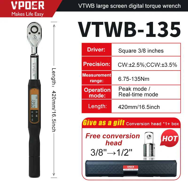 VTWB-340 Chiave dinamometrica digitale a grande schermo da 1/2 '' Strumento di riparazione auto con cicalino e strumenti chiave dinamometrica preimpostati regolabili a LED