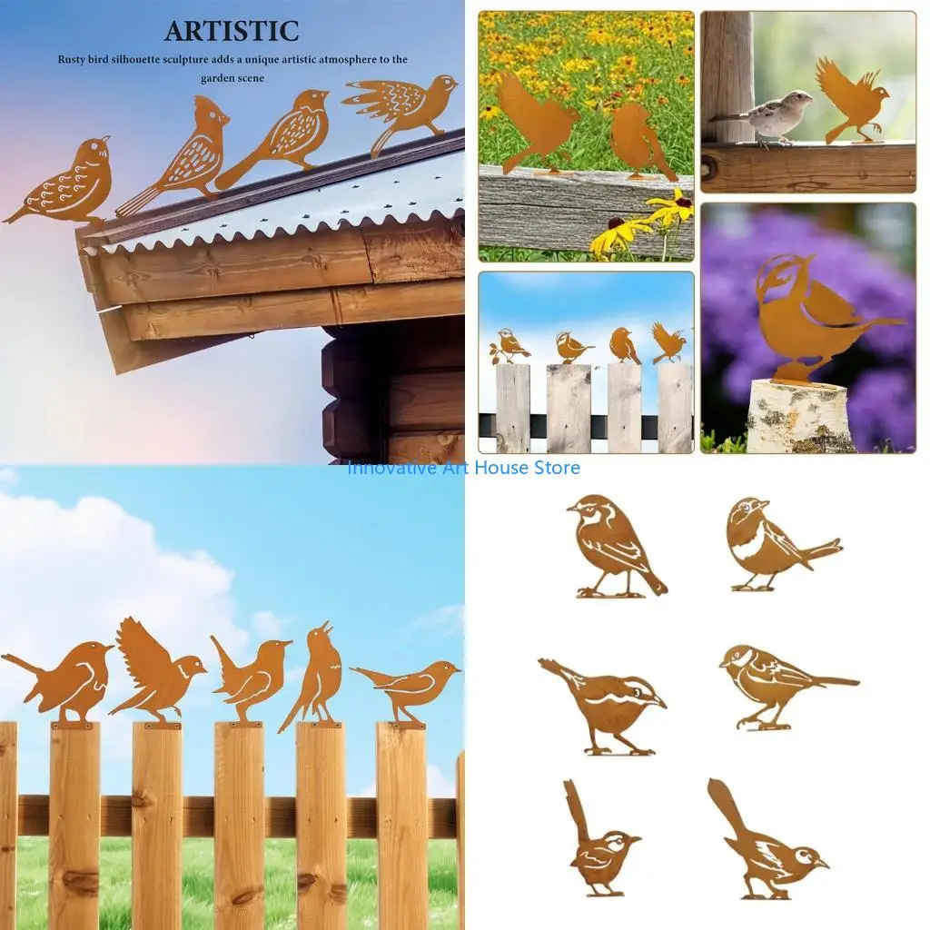 E1PC Entry Soil Bird Stakes 6 Piece Iron Garden Set with Ground Inserts, Outdoor Metal Figures for Lawn Lines and Walkways
