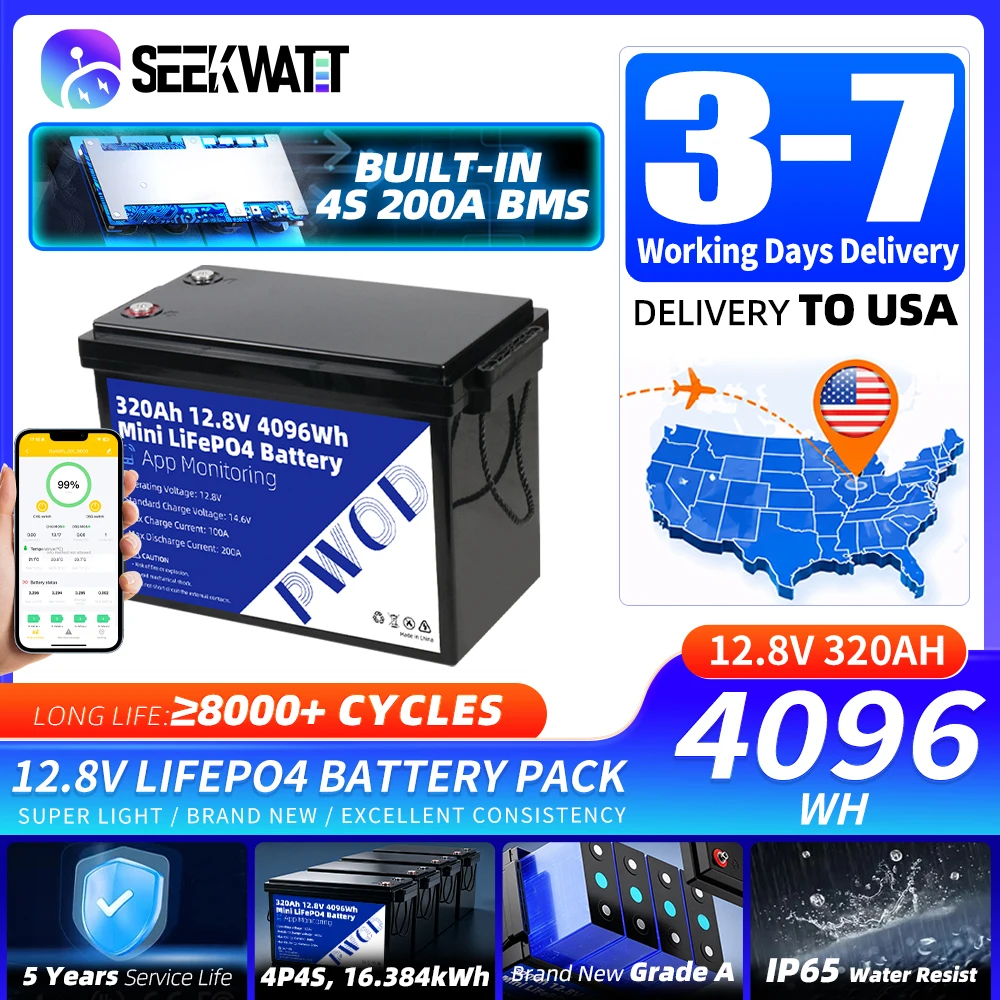 US Stock 12V 320Ah LiFePO4 Battery Grade A Deep Cycle Cells 8000+ Cycles Built-in BMS For Home Solar RV Camper Golf Cart Storage