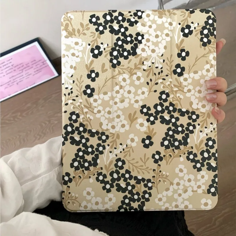 Tri-fold Mirror Stand Pencil Holder Retro Ditsy Floral Tablet Case for iPad 7/8/9th 10.2in Air3-5 10th Gen Pro 10.5/10.9in Cover
