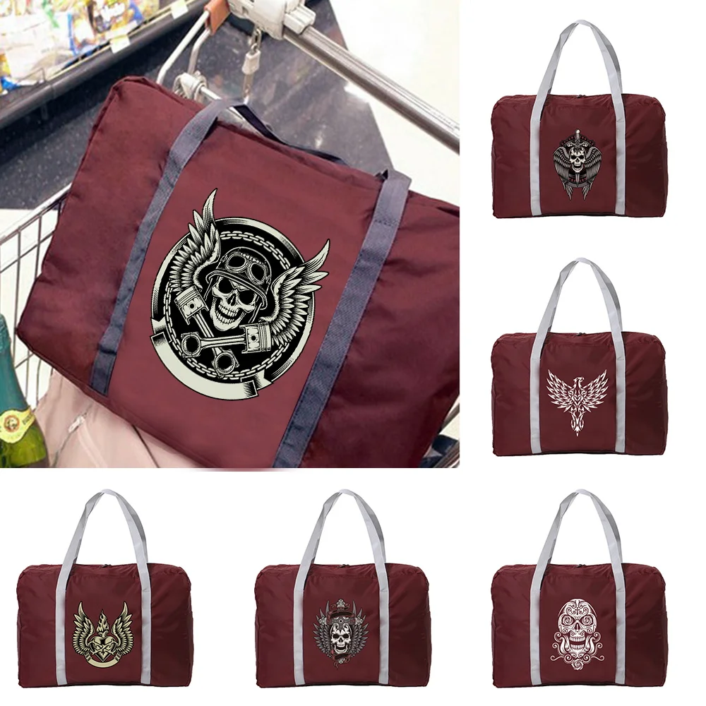 Large Capacity Folding Travel Bag 2022 Portable Foldable Travel Lightweight Skull Print Multifunctional Fabric Bag Tote Handbag