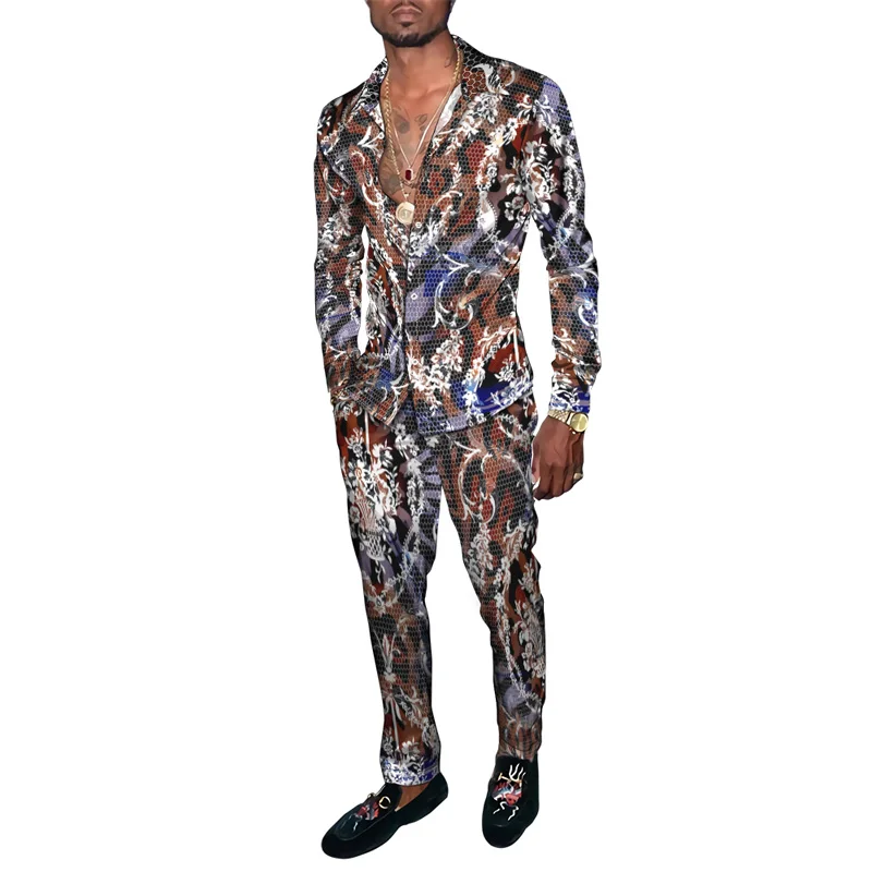 Hawaiian Shirt Suit 3D Serpentine Print 2PCS Set Striped Check Fashion Breathable Men Long Sleeve Shirt Pants Two Piece Suits