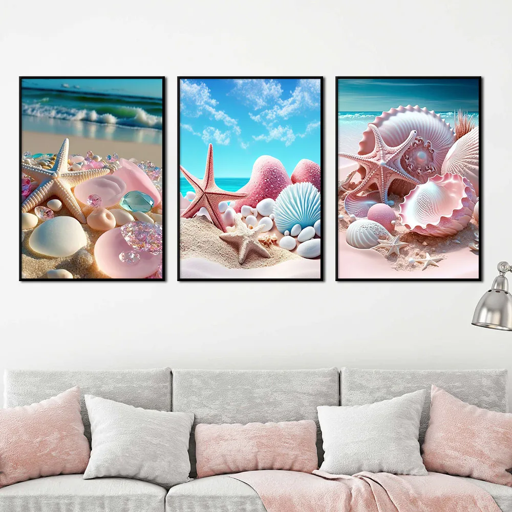 

Blue Pink Beach Scenery Painting Modern Abstract Wall Art Canvas Poster Print Starfish Shell Pictures for Living Room Home Decor