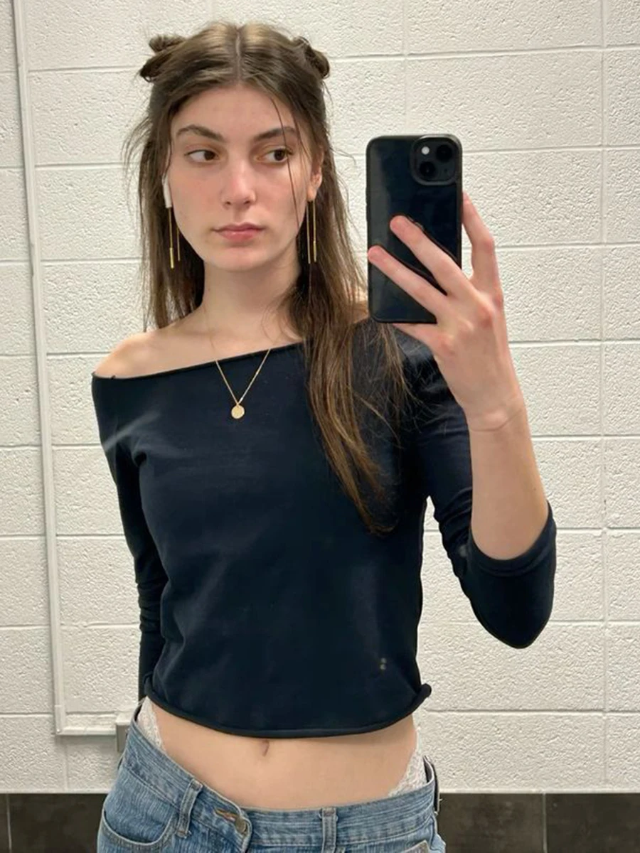 

Тонкая футболка с длинным рукавом и однотонной необработанной отделкой, женская осенняя сексуальная тонкая базовая повседневная футболка с разрезом на шее, винтажный простой хлопковый укороченный топ Y2k