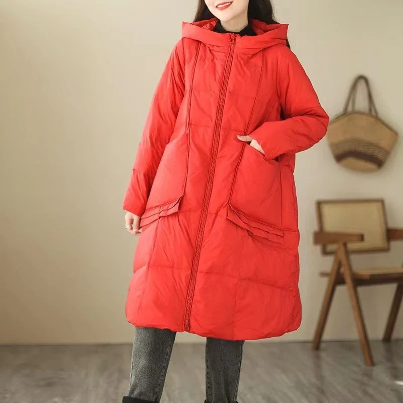 Women Loose Long Coat White Duck Down Jacket Women Winter Female Overcoat Winter with Hood Ruffles Big Pockets