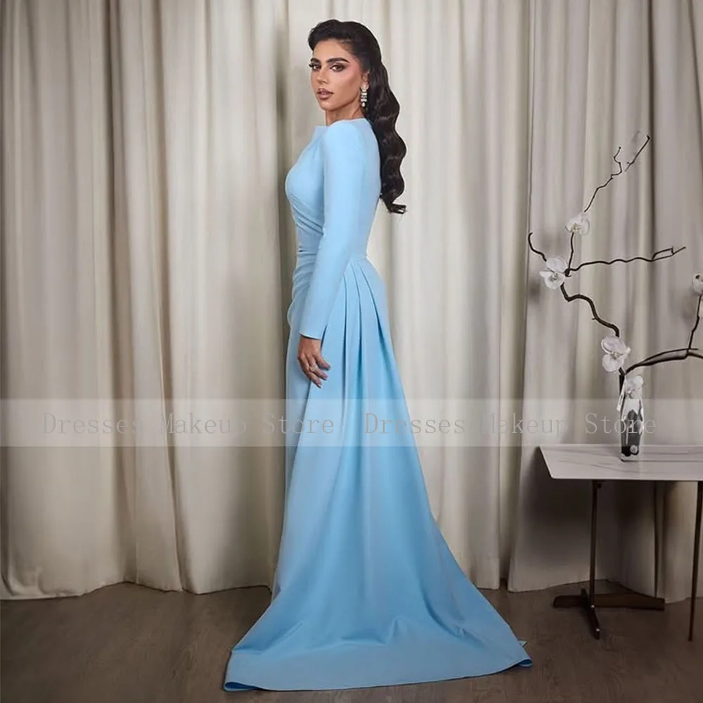 Light Sky Blue Wedding Guest Dress Long Sleeves O Neck Modest Women's Formal Party Gowns Mermaid Draped Trumpet Evening Dresses image 2