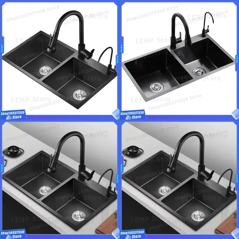 Modern Black Stainless Steel Kitchen Sink Double Bowl Handmade High Quality Single Hole Countertop Faucet Set for Home High