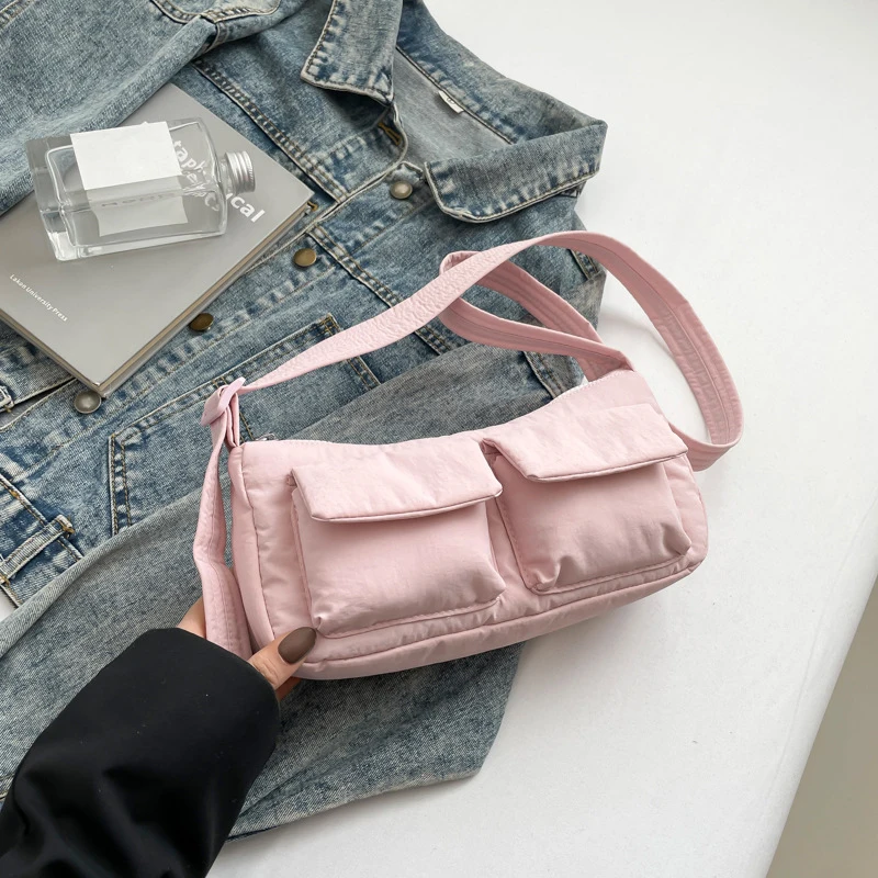 Damen-Umhängetasche aus Nylon mit großem Fassungsvermögen und Reißverschluss, einfarbig, lässig, Schultertasche, Hobos für Party, Urlaub – Detail 9