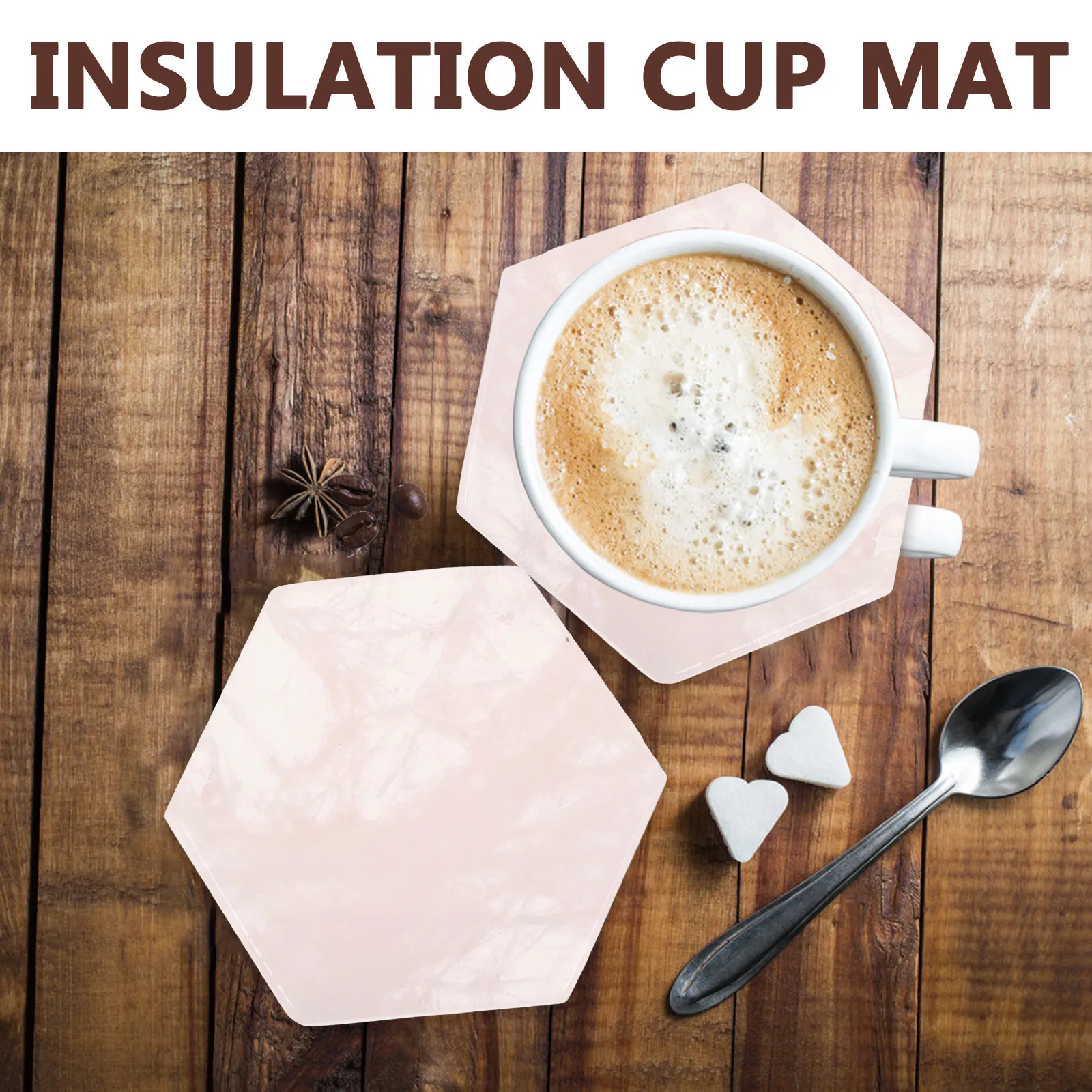 Hexagon Pink Quartz Cup Coaster Set Heat Insulation Non-Slip Drink Coaster for Coffee Tea Water Cups Kitchen Office Table Home