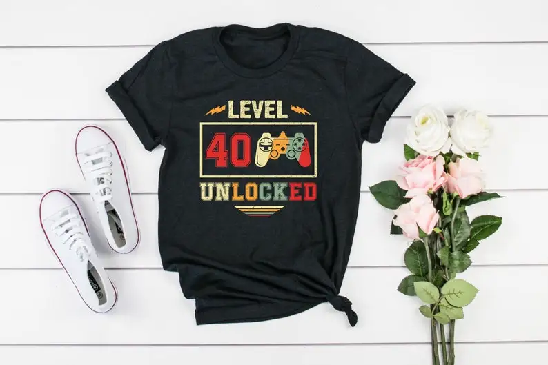 

40th Birthday Shirt Birthday Gift for him and her Present Level Unlocked Unisex T-Shirt 100% cotton Short Sleeve Top Tees goth