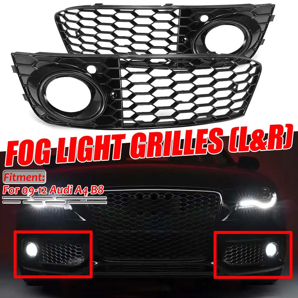 RS4 Style Glossy Black Car Front Bumper Fog Light Lamp Grille Grill For Audi A4 B8 2009 2010 2011 2012 Fog Light Grille