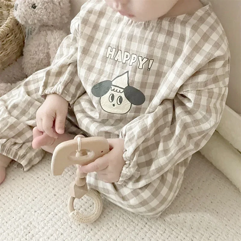 2022 New Baby Cotton Linen Clothes Set Plaid Cartoon Tops + Pants 2pcs Boy Girls Outfit