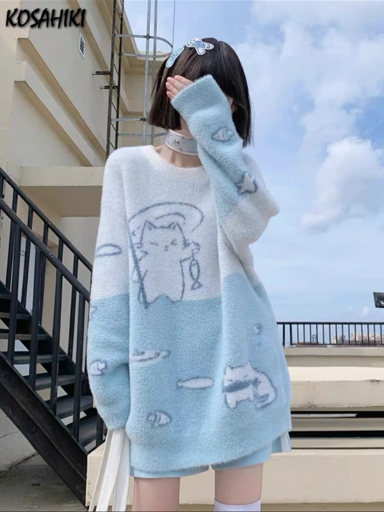 Sweet Y2k Aesthetic Grunge Cat Jacquard Sweaters Kawaii Casual Contrast Color Jumpers 2024 Japanese Knitted Women Pullovers