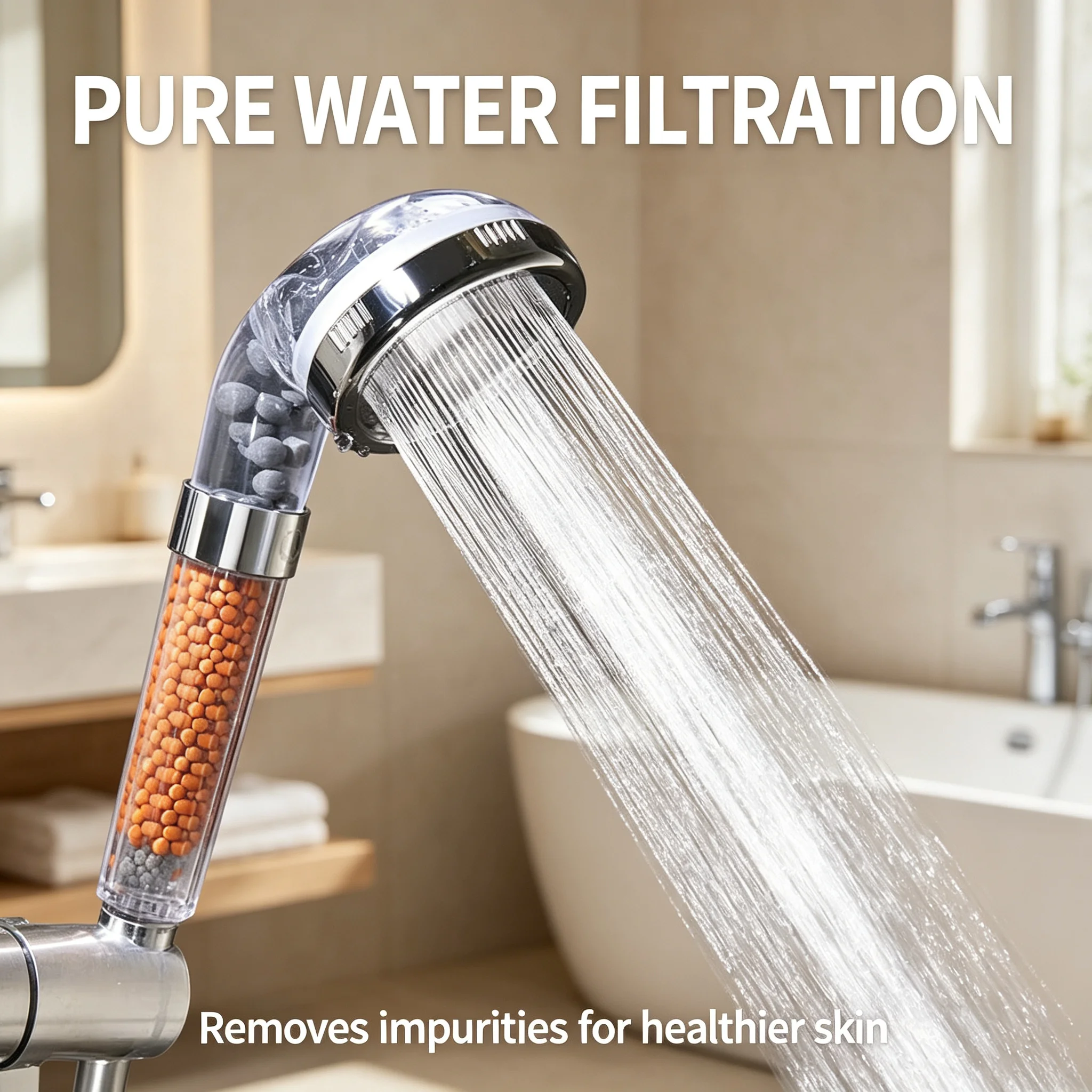 Filtered Handheld Shower Head Massage Jet with Negative Ion Mineral Spheres Hard for Improved Dry Scalp Water Saving Pressure