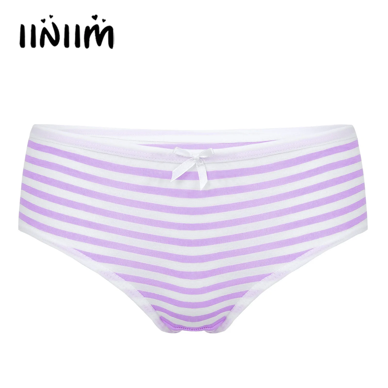 1 Pc Womens Bikini Briefs Panties with Ribbon Bowknot Knickers Underpants Stripe Middle Waist Cotton Undergarment Underwear