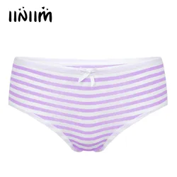 1 Pc Womens Bikini Briefs Panties with Ribbon Bowknot Knickers Underpants Stripe Middle Waist Cotton Undergarment Underwear