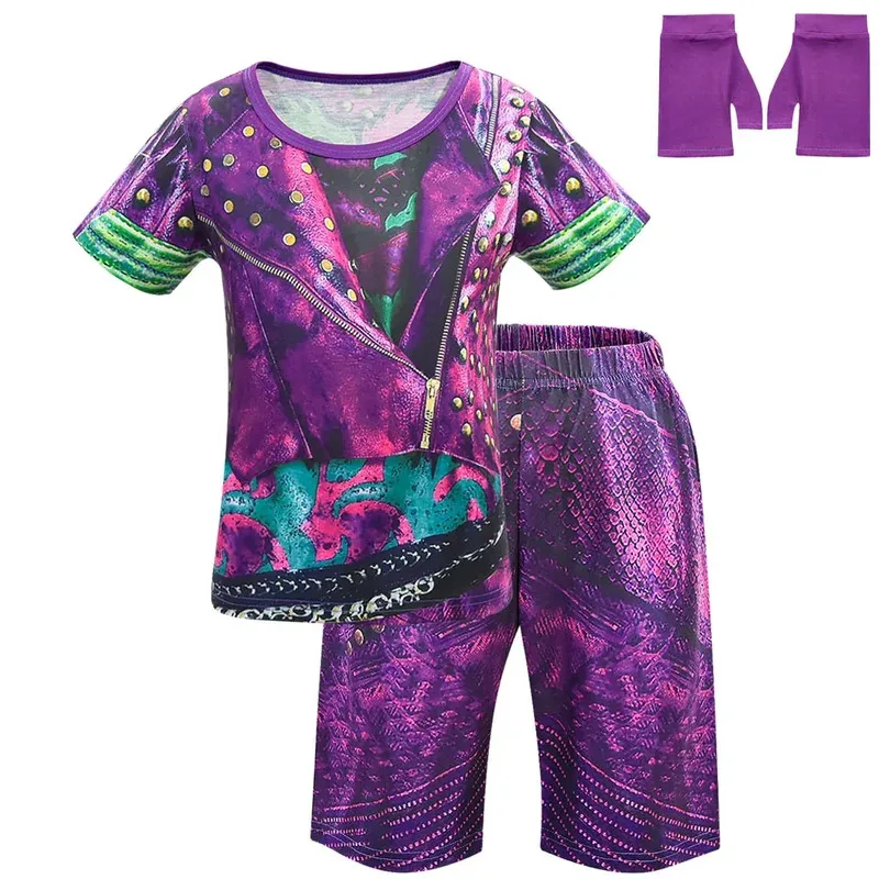 เด็กลูกหลาน 3 เครื่องแต่งกายสําหรับสาว Evie คอสเพลย์เครื่องแต่งกายเด็กแขนยาว Zentai ตลก 3D เสื้อยืด + กางเกงเสื้อผ้าชุด