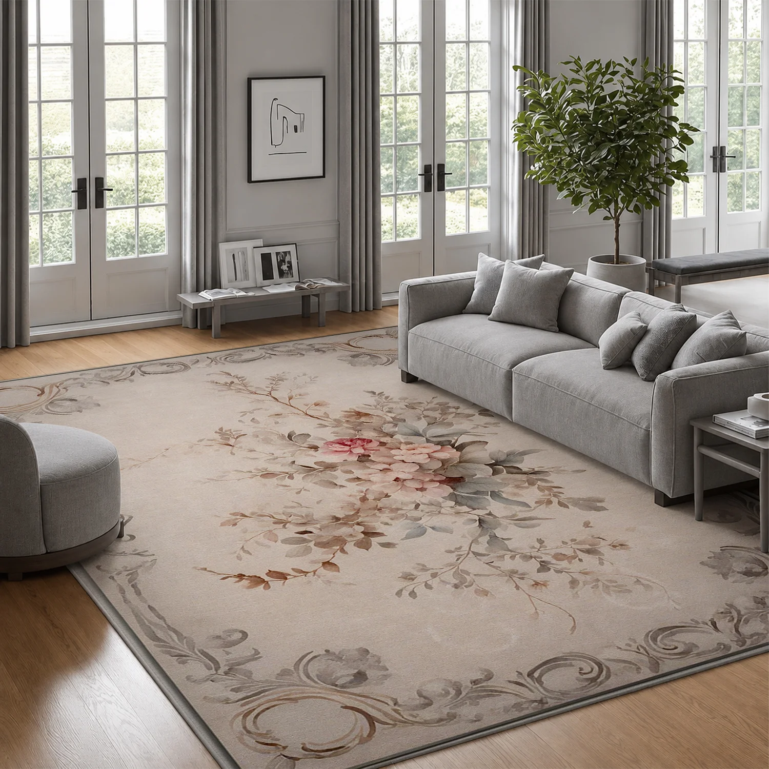 Large Indoor Area Rug, Soft Velvet Low Pile Non-Slip Dotted Backing, Machine Washable, Vintage Muted Floral Scrollwork Pattern for Living Room Bedroom, Neutral Toned Decorative Floor Rug
