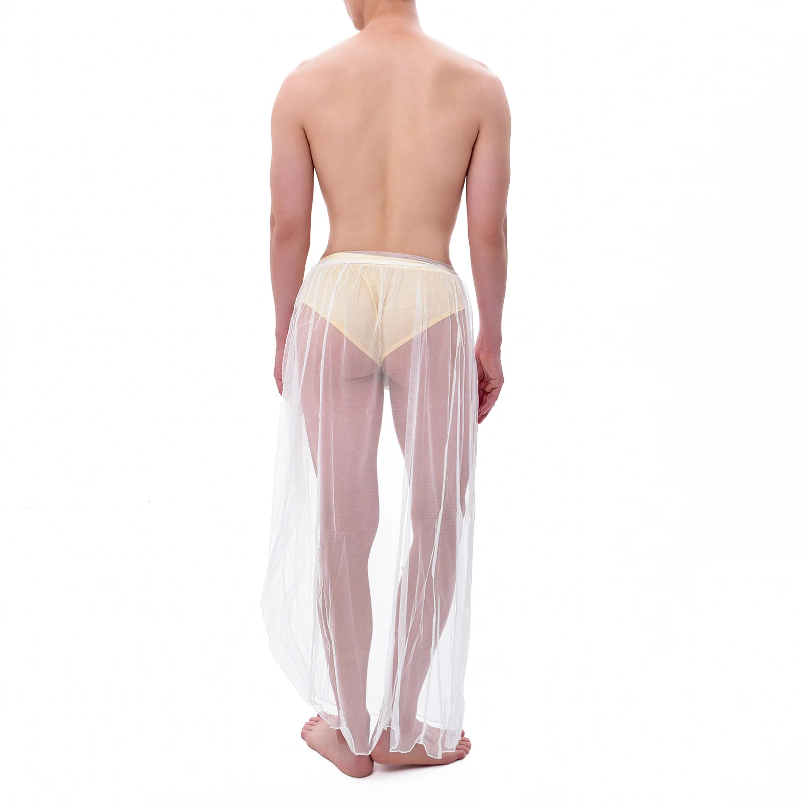 CLEVER-MENMODE hommes pyjamas sexy maille sommeil bas voir à travers long vêtements de nuit culottes transparent côté renversé chemise de nuit