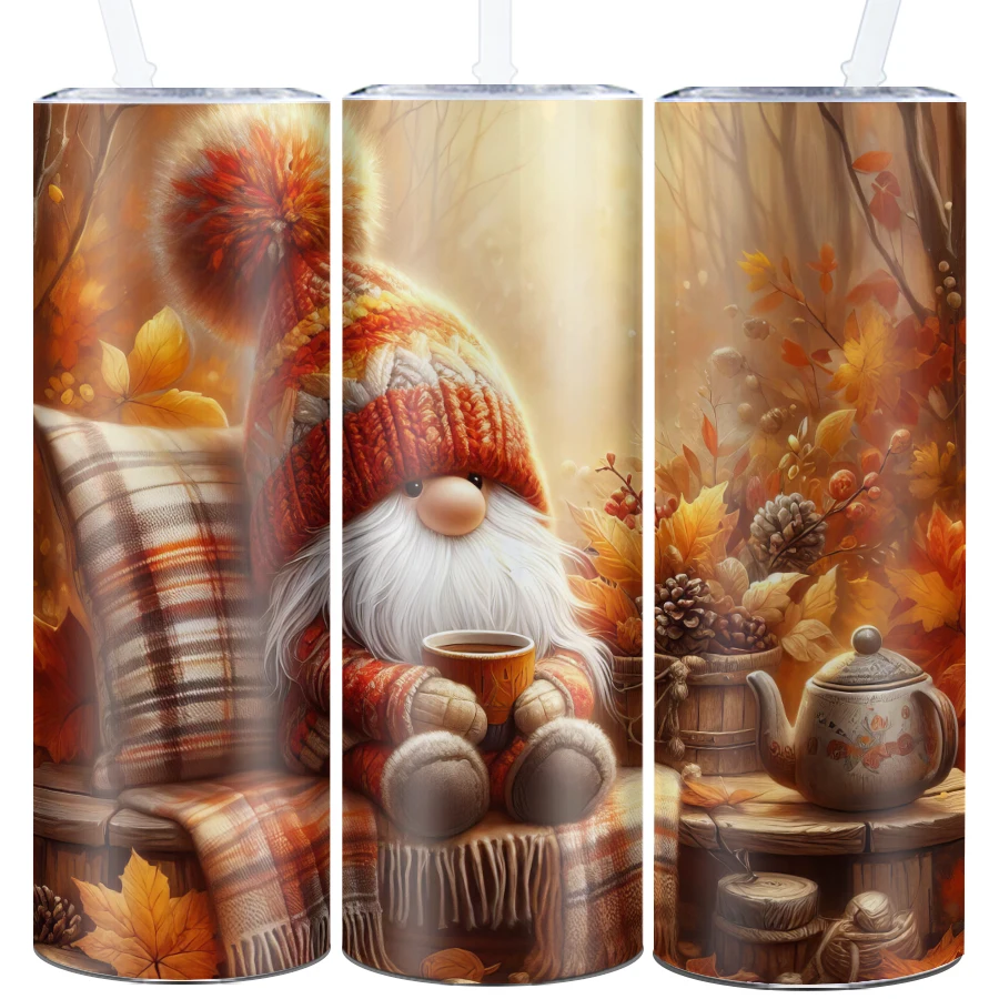 20oz 3D Print Autumn Gnome Tumbler With Straw Lid Stainless Steel Skinny Water Bottles Christmas Party  Family Holiday Tumblers