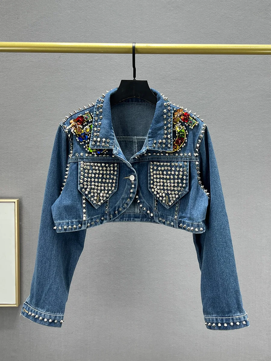 

Женская укороченная джинсовая куртка Heavy Du Rivet Denim, новинка 2024 года, весенняя, приталенная, стройнящая, в уличном стиле, из хлопка и полиэстера.