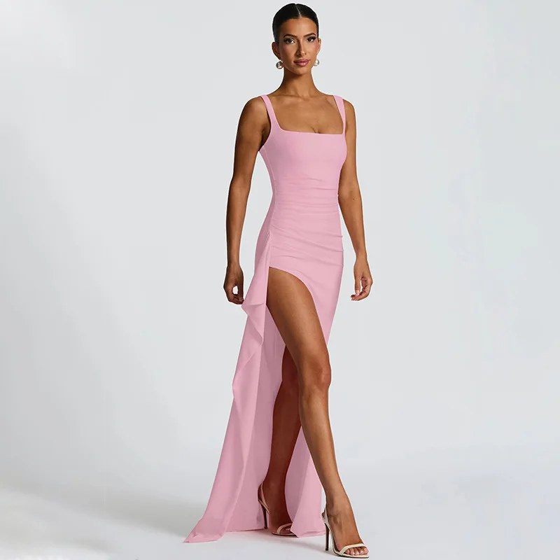 Frauen Kleidung Sommer Mode Sexy Ärmellose Spaghetti Strap Backless Hohe Oberschenkel Schlitz Kleid Einfarbig Abendkleid Langen Rock