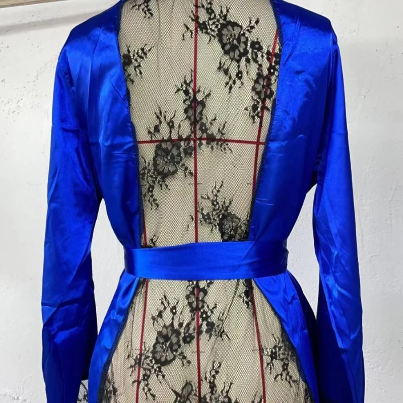 Sexy Silk-like Pajamas  Loose and Comfortable Robe  Casual and Thin Home Wear  Lace Pajamas  Loose Cardigan with Tie Bathrobe image 5
